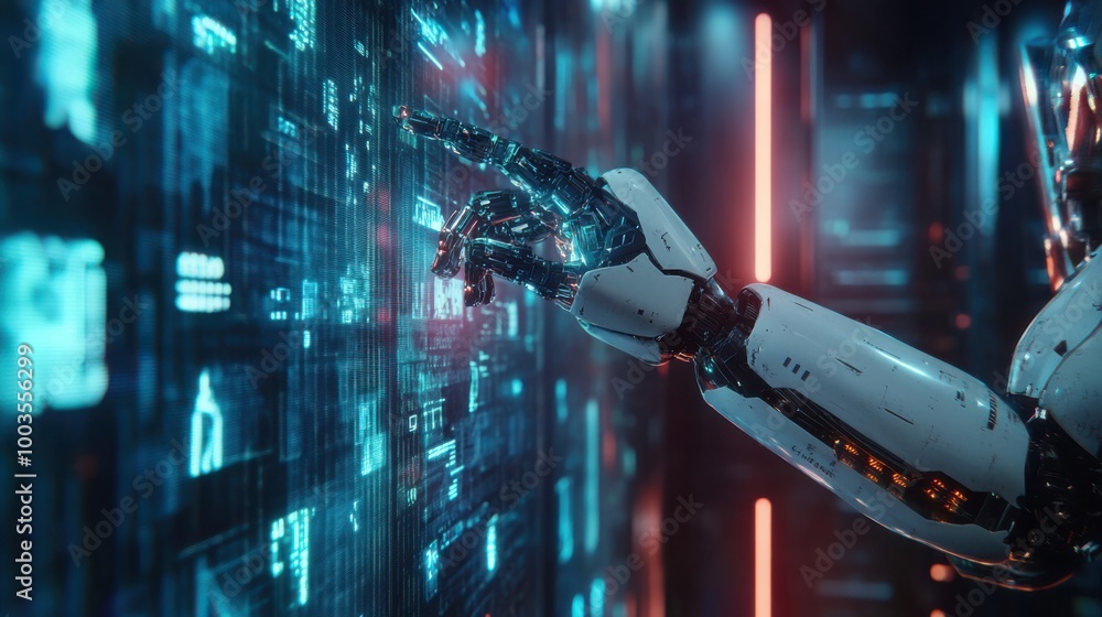 Poster humanoid cyborg with bionic hand operating a futuristic ai cyber supercomputer, surrounded by