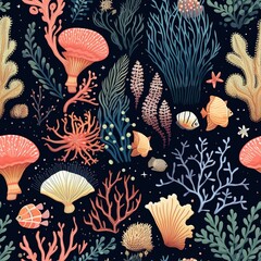 seamless pattern of corals and algae on a dark background. Seabed plants and ocean shells repeat the texture of fabric, covers, wallpaper or wrapping paper.