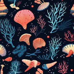 seamless pattern of corals and algae on a dark background. Seabed plants and ocean shells repeat the texture of fabric, covers, wallpaper or wrapping paper.