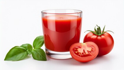 Tomato juice in a glass cup and a slice of tomato isolated on white background