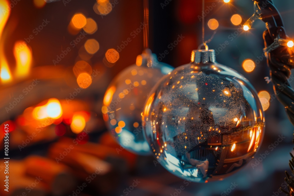 Poster a christmas tree with two ornaments hanging from the top. the ornaments are clear and shiny, and the