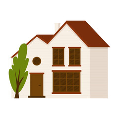 Two-storey country house with trees. Peaceful village life in your own home. Element for urban and rural landscape. Sale and rent of real estate. Vector illustration in cartoon style.