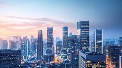 Modern City Skyline at Dusk with Illuminated Buildings