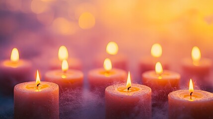 Burning candles on blurred background. Ideal for creating a serene and calming atmosphere in websites, social media, and print media.