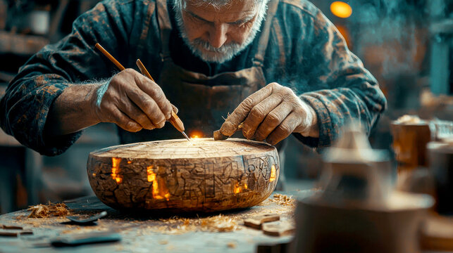 An artisan skillfully carving a wooden bowl, showcasing craftsmanship and dedication in a cozy workshop environment.