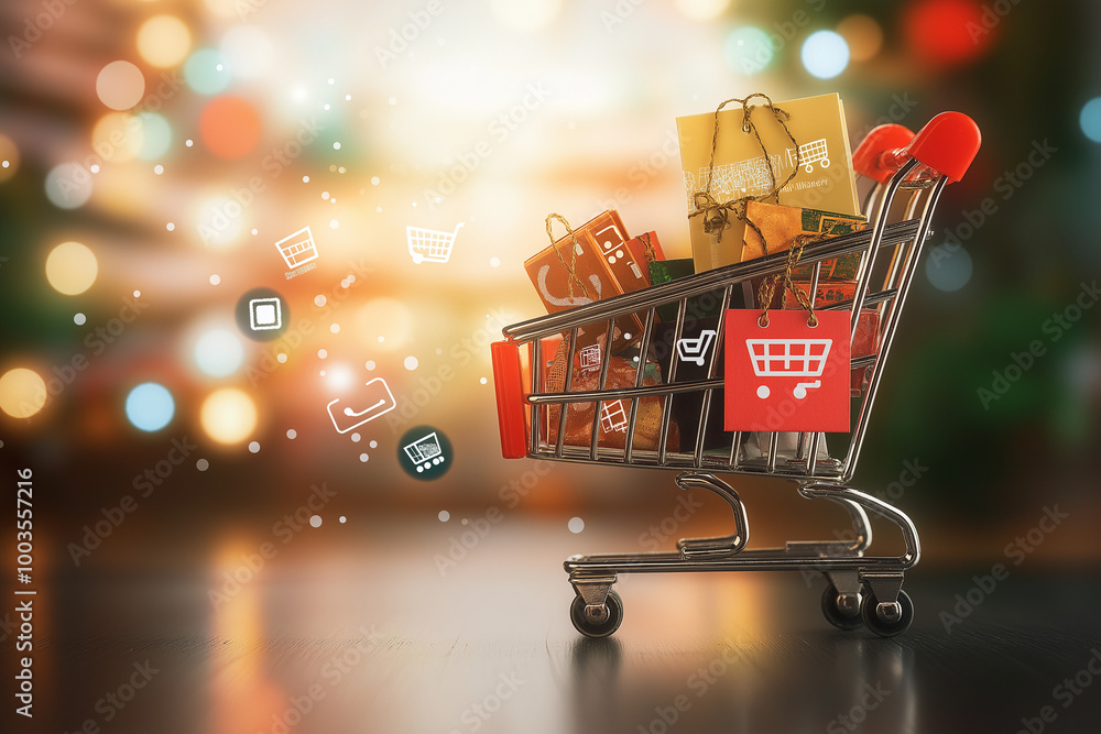 Poster e-commerce add to cart button illustrated with vibrant graphics and shopping icons, displayed on a d