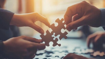 Teamwork of business people working together and combining pieces of a puzzle. Teamwork to achieve success concept. Working together