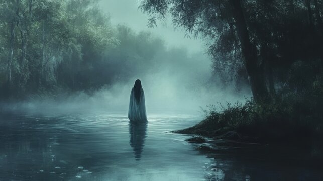 La Llorona wading through a dark, foggy river, her ghostly figure reflected in the water as she