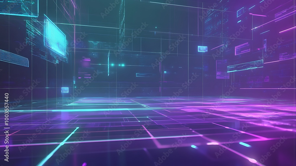 Poster Abstract digital background with glowing lines and neon lights.