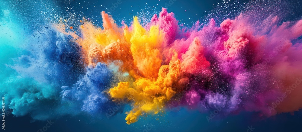 Canvas Prints A vibrant explosion of blue, yellow, orange, and pink powder paint against a dark blue background.