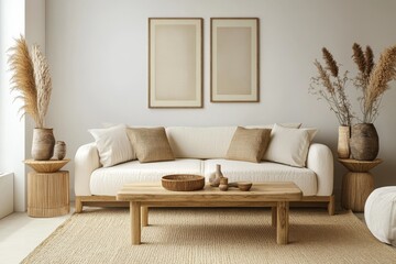 Fototapeta premium Minimalist living room with white couch, wooden coffee table, and pampas grass in vases.