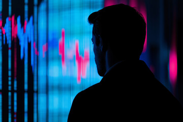 A businessman analyzing a digital stock market chart, with a focus on rising trends and data points, with copy space. Soft lighting. Blue and black background. 