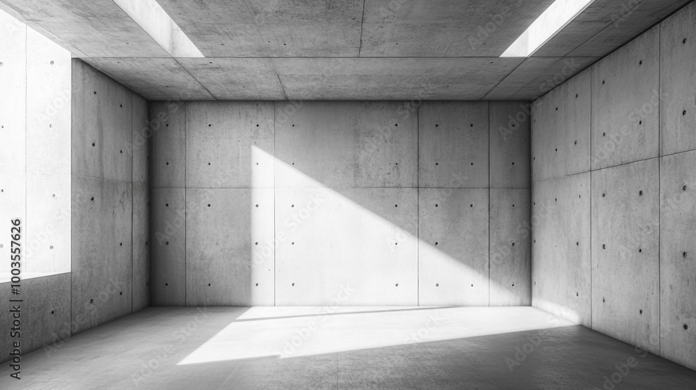 Poster minimalist concrete room with dramatic light play. a stark, minimalist room featuring concrete walls