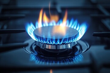 Blue flames on a gas stove. A close-up shot of a lit gas stove burner.