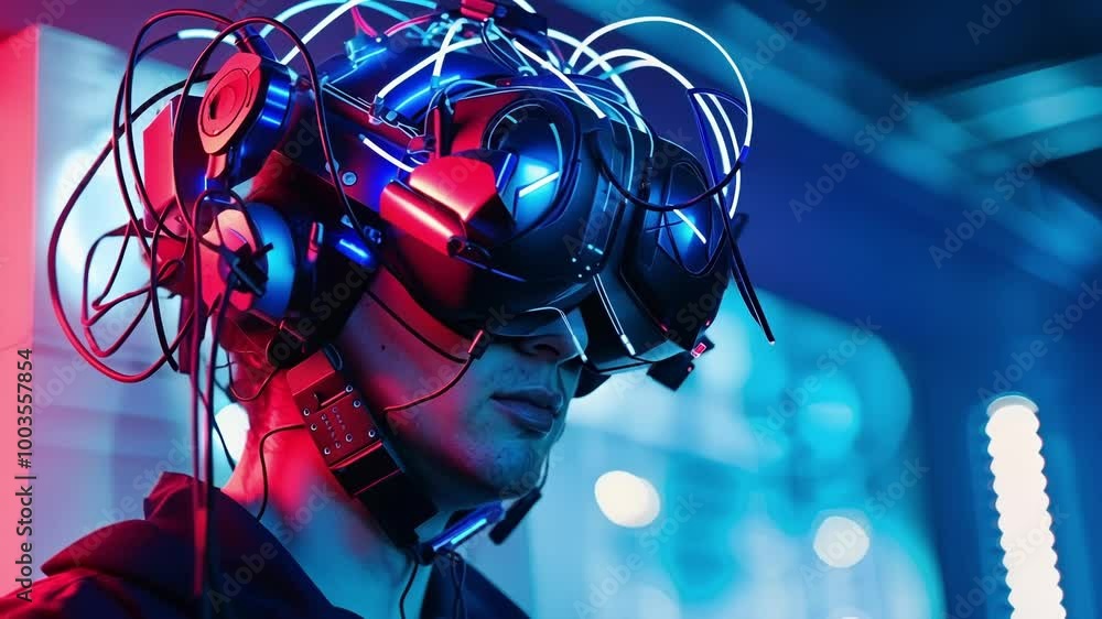 Poster scientist is testing virtual reality glasses enhanced with brain computer interface technology in a 