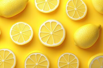 Lemon slices and whole lemons on yellow. Perfect for a refreshing summer drink.