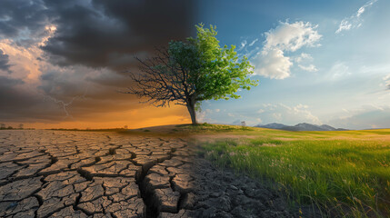 Conceptual illustration of climate change showing drought and lush landscape split by a lone tree
