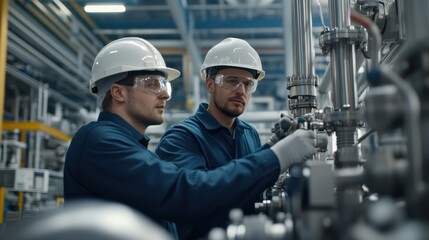 Two engineers in hard hats and safety glasses inspecting and operating machinery in an industrial plant.