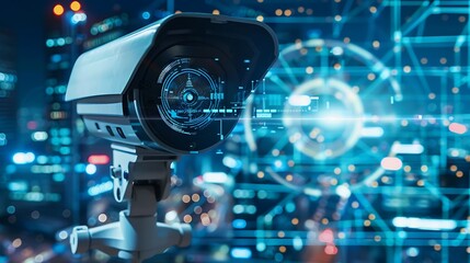 Security camera captures nighttime city with bright city lights for digital network background and modern surveillance technology monitoring concept.