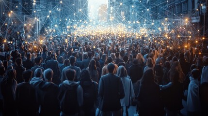 View of a crowd with a network of connections. Big data, smart city, wifi concept.