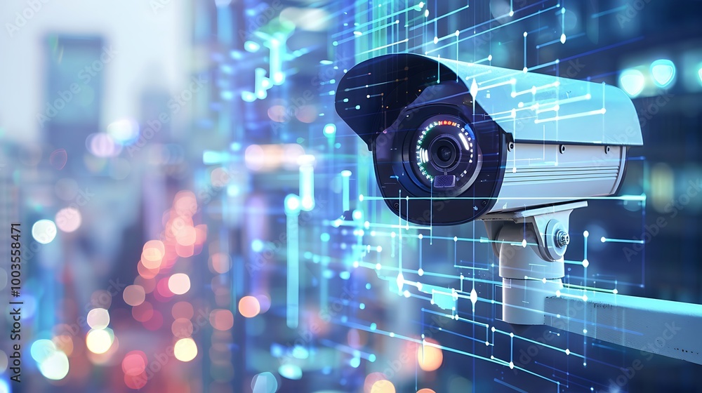 Poster security camera mounted on a building, overlooking a city at night. the camera is a symbol of modern