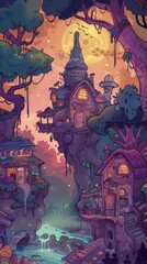 A whimsical fantasy village illuminated by glowing lights, nestled among towering trees and rocky cliffs under a mystical moonlit sky.