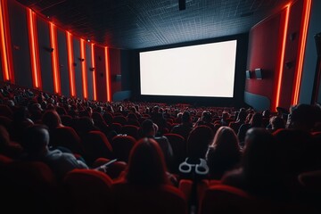 Obraz premium View from the back of the movie theater with empty screen and people watching the film.