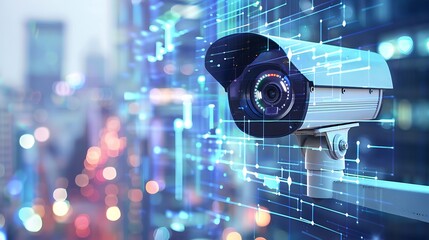 Security camera mounted on building overlooking city at night with digital sensors for symbolizing modern technology and its role in urban surveillance and security monitoring concept.