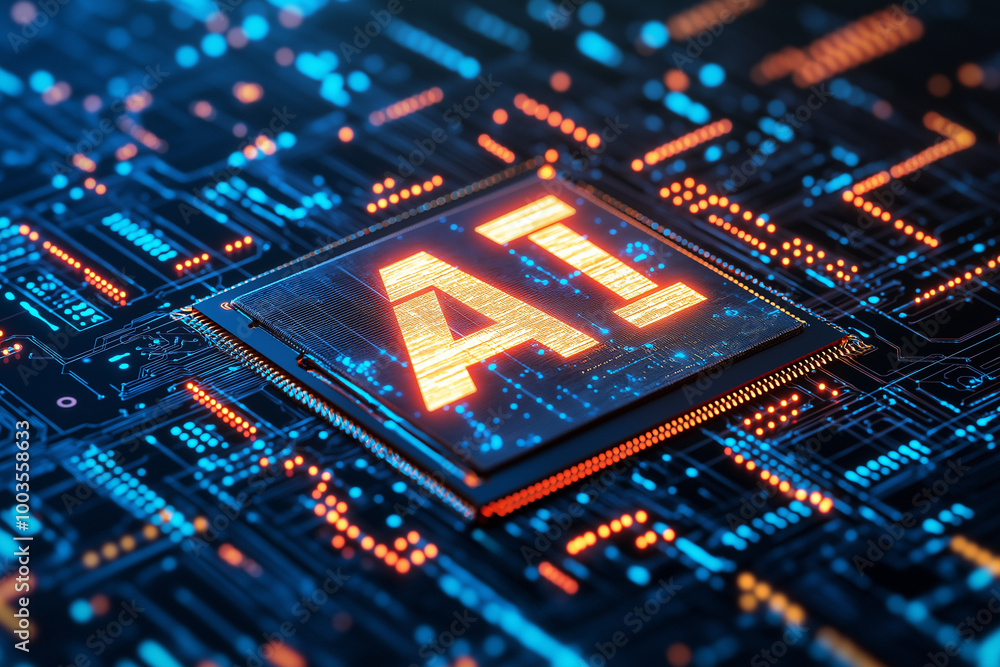 Poster ai word on a microchip with vibrant colorful lights radiating from it in strong beams, with copy spa