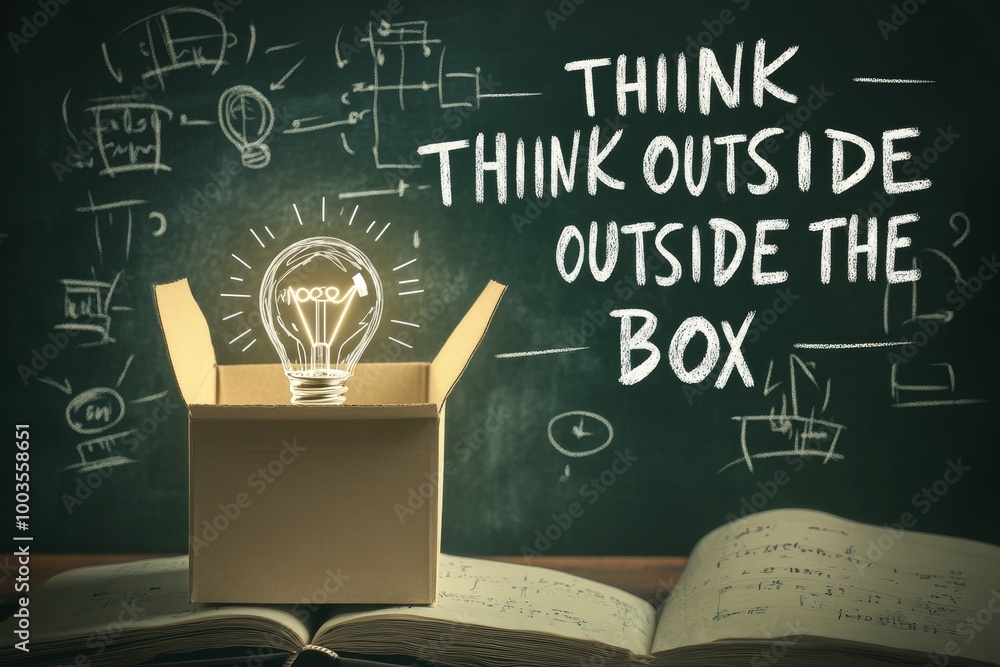 Poster open box with light bulb inside on wooden desk with open book and green chalkboard with the message 