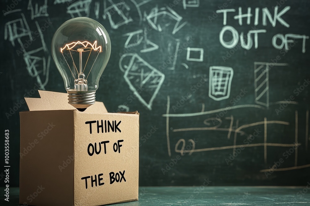 Poster A lit light bulb sits on top of an open cardboard box with 