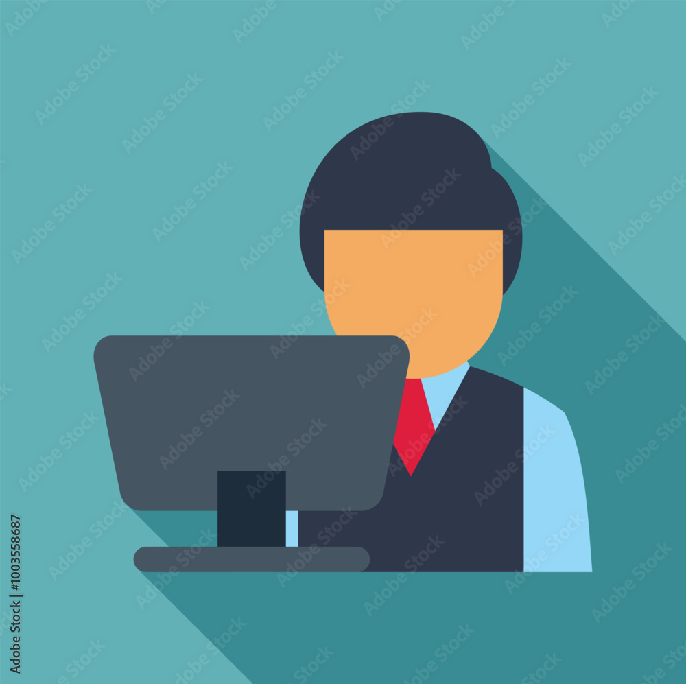 Poster businessman working on desktop computer icon in flat style with long shadow on green background