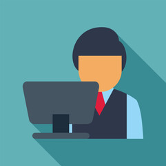 Businessman working on desktop computer icon in flat style with long shadow on green background