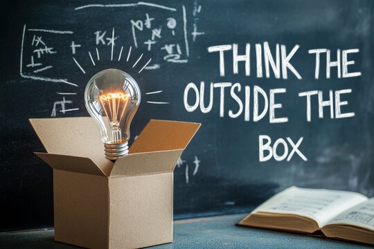 Light bulb inside cardboard box with "Think outside the box" written on a chalkboard.