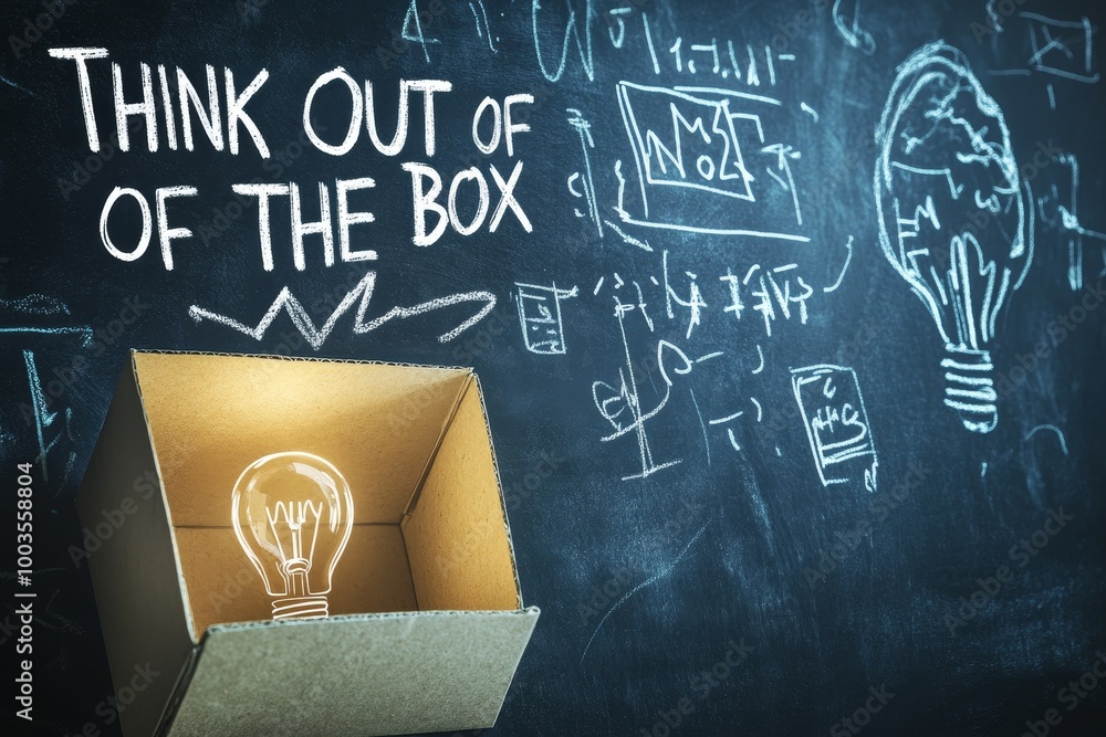 Aufkleber a lightbulb drawn in chalk on a chalkboard sits inside a cardboard box with the words 