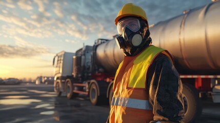 Naklejka premium worker in protective gear standing in front of an industrial tanker truck