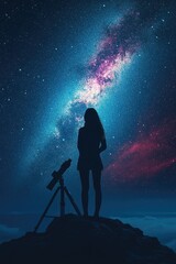 Fototapeta premium A silhouetted girl stands on a hill, gazing through a telescope at the Milky Way under a dark, starry night.