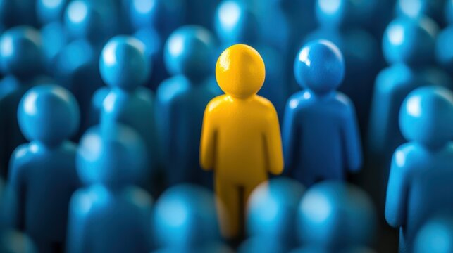 Yellow figure distinct among blue crowd, representing the concept of finding the right person in HR, business strategy, and organizational psychology