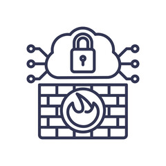 Illustration of data security with a cloud lock and firewall symbolizing protection against cyber threats.