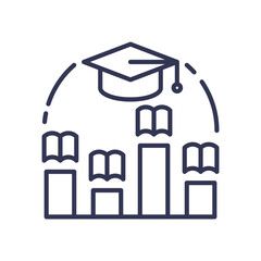 Illustration of a graduation cap and books representing different education levels.