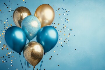 Blue and gold balloons with confetti on a light blue background.