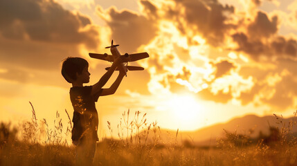 Young boy playing with a toy airplane against a golden sunset in a grassy field
