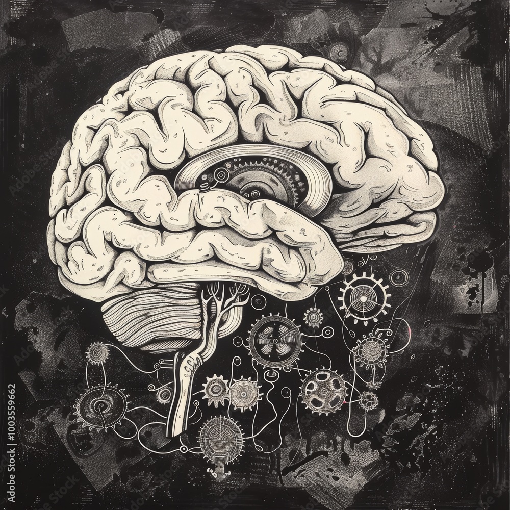 Poster line sketch of a brain with gears turning.