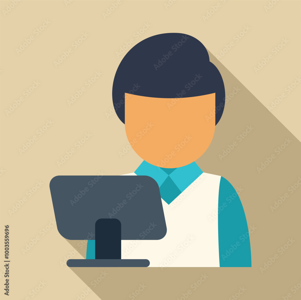 Poster faceless office worker using a desktop computer in flat design style