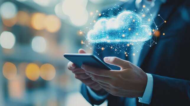 A businessman accesses cloud-based enterprise resource planning ERP system via mobile device, integrating business applications for efficient operations management data-driven decision-making process