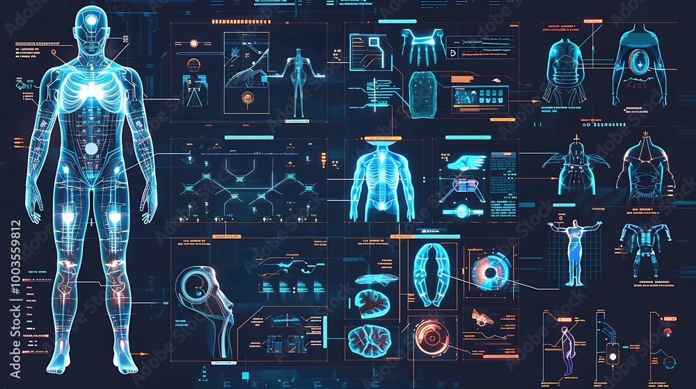 Poster digital visualization of human anatomy with various body systems and organs displayed on an interfac