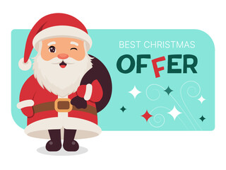 Best Christmas offer. Discount banner. Cute Santa Claus,stars, text. Cartoon style. Vector illustration