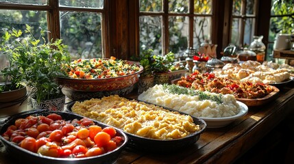 A table filled with various delicious dishes in a cozy setting.