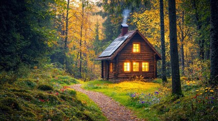 Cozy Cabin Surrounded by Autumn Forest Beauty