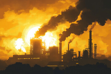 An illustration depicting a chemical plant emitting hazardous substances into the air and water, showcasing the effects of industrial contamination on soil and public health